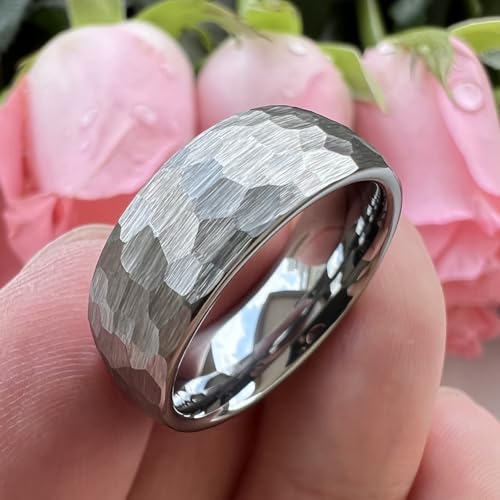 TUTISS 6mm 8mm Silver/Black/Gold/Rose Gold Hammered Tungsten Rings for Men Women Couple Fashion Jewelry Engagement Wedding Bands Domed Matte Finish Comfort Fit - color: 8mm Silver Tungsten