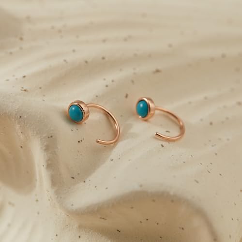 CHIC & ARTSY 925 Sterling Silver Half Hoop Earrings for Women, Dainty Huggie Hoops with Synthetic Opal, Moonstone, CZ & Gemstones, Lightweight Comfort Fit Everyday Elegant Jewelry - color: Synthetic Turquoise/Rose Gold Plated Silver