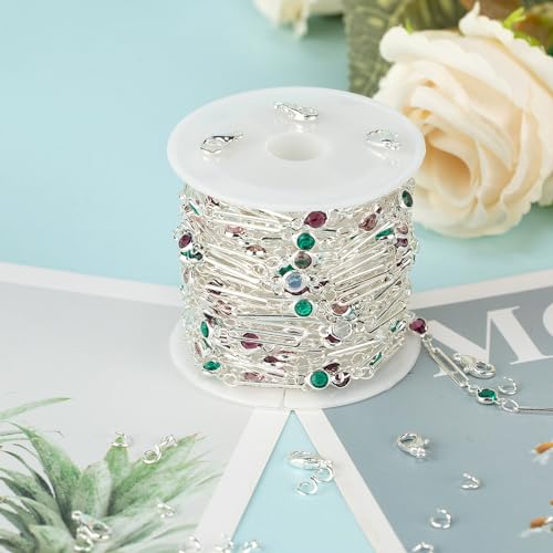 UMAOKANG 5 Meters Mixed Color Crystal Jewelry Chains Bulk Silver Plated Brass Paperclip Necklace Chain for Women Jewelry DIY Supplies Findings - color: Silver Paperclip Crystal