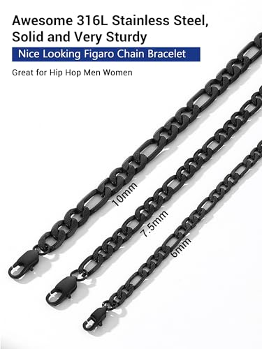 PROSTEEL Bracelets for Men, Figaro/Cuban Mens Bracelet, Silver/Gold/Black | 6/9/13mm Width, 7.5/8.3/9" Length, Stainless Steel Mens Bracelet, Durable & Non Tarnish, Chunky Jewelry with Gift Box - style: D 7.5mm-Figaro-Black-Textured