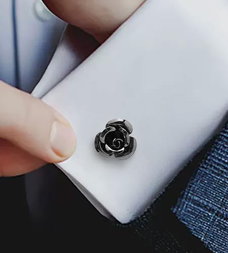 Unique Rose Flower Cufflinks and Tie Clip Set for Men Regular Necktie | Silver/Golden/Black Men's Tie Pin and Cuff Links for Wedding Party Daily Office Formal Casual Business Tuxedo Dress Accessory - style: Gunmetal Cufflinks Tie Pin Set