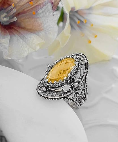 Filigranist 925 Sterling Silver Handcrafted Filigree Art Flower Pattern Woman Oval Statement Ring, Gift Boxed - color: Citrine