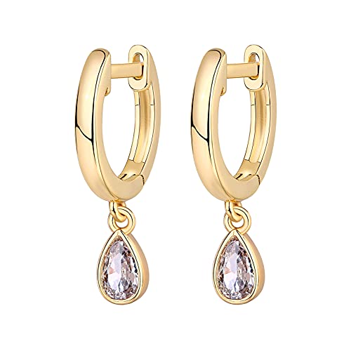 PAVOI 14K Gold Plated Huggie Hoop Earrings with Charms for Women - 925 Sterling Silver Posts Dainty Motif Huggie Hoop Dangle Earrings - Lightweight Dangle Drop Jewelry with Cubic Zirconia - style: Pear