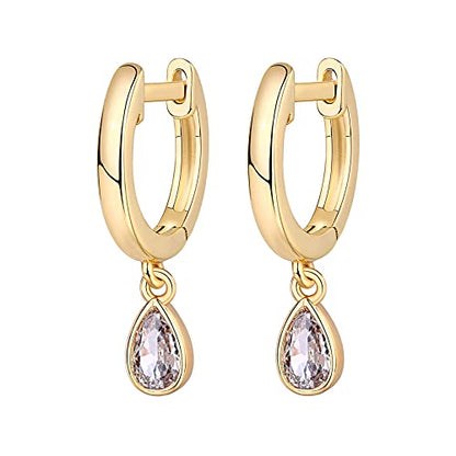 PAVOI 14K Gold Plated Huggie Hoop Earrings with Charms for Women - 925 Sterling Silver Posts Dainty Motif Huggie Hoop Dangle Earrings - Lightweight Dangle Drop Jewelry with Cubic Zirconia - style: Pear