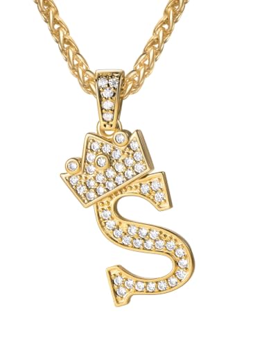 U7 Crown Initial Necklace Men Women, Bling Diamond A-Z 0-9 Letter Pendant with Wheat Chain, Silver/Black/Gold Plated CZ Alphabet Number Hip Hop Jersery for Father Husband - color: a. Gold, size: 19. S