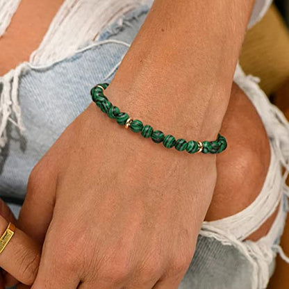 POTESSA Healing Stone Beaded Bracelets for Women Semi-Precious Gemstones Bracelets Pearl Beaded Bracelet Adjustable Strand Bracelets 6MM - color: Malachite