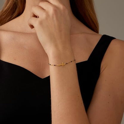 18K Gold Plated Pearl Beaded Cross Bracelets for Women Adjustable Stainless Steel Dainty Thin Gold Box Cuban Twisted Link Chain Bracelet Bridesmaid Jewelry Gifts - color: Black Cross-Gold