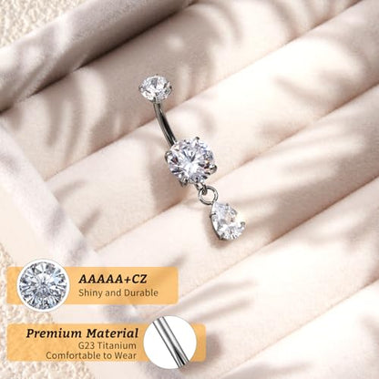 G23 Titanium Belly Button Rings Dangle CZ Belly Rings Curved Navel Rings Teardrop Internally Threaded Cute Belly Piercing 8mm-16mm - color: Style A| Silver, size: 14MM