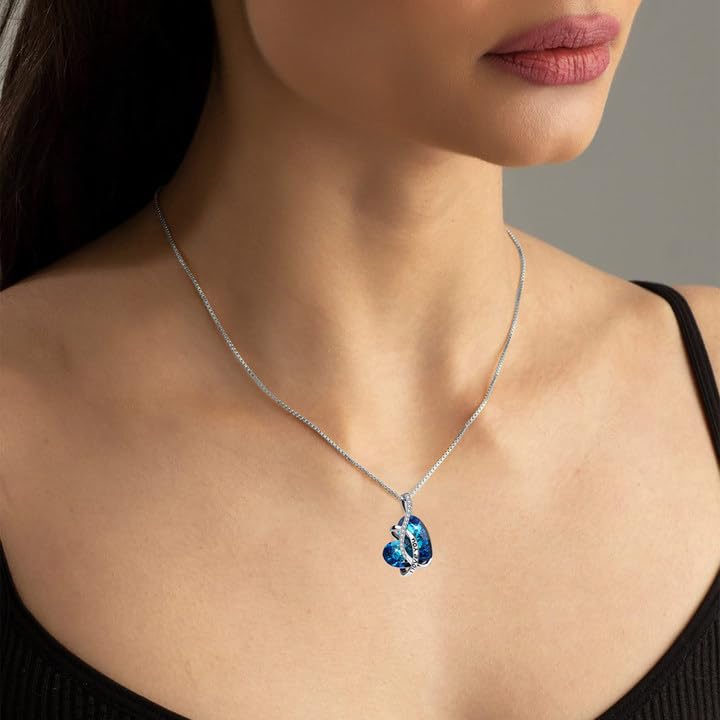 AOBOCO I Love You Sterling Silver 12 Birthstone Heart Pendant Necklace Embellished with Crystals from Austria, Mother's Day Anniversary Birthday Jewelry Christmas Gifts for Women Grandma Nana - color: Blue