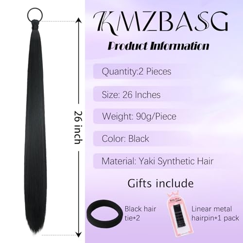 Black Ponytail Extension for Women 2PCS DIY Braided Ponytail Extension with Hair Tie Long Yaki Straight Hairpieces for Active Wear Gym Party Beginners 26 Inches - color: Black