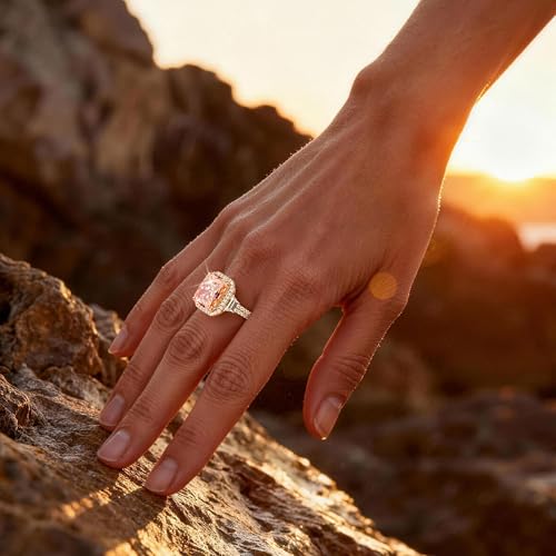 Moissa 8ct Sunset Glow Radiant Cut Halo Cocktail Ring for Women | 14K Gold Plated Tarnish-Resistant Silver Ring, 12x10mm Lab Zircon, Bold Statement Ring for Party, Engagement & Anniversary - color: Padparadscha