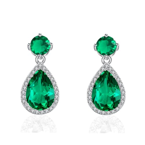Drop Dangle Earrings Teardrop Gemstone Waterdrop White Gold Plated Crystal Hanging Cubic Zirconia Ruby Sapphire Emerald Jewelry Gift for Women Mother Wife - color: Green