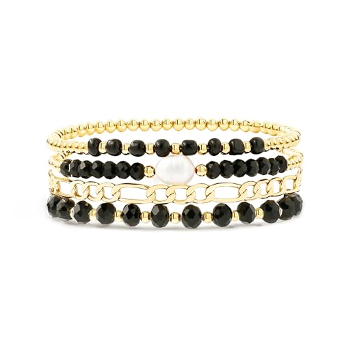 Badu Gold Beaded Bracelets for Women Boho Crystal Multiple Layered Stackable Wrap Bangle Set Paperclip Chain Trendy Jewelry - color: Gold-black