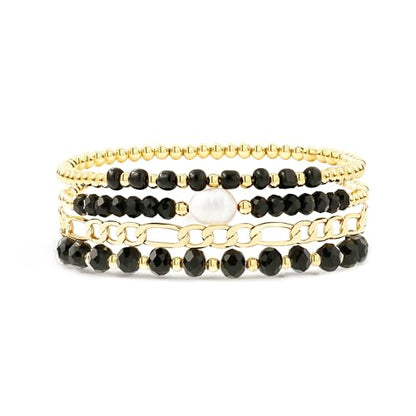 Badu Gold Beaded Bracelets for Women Boho Crystal Multiple Layered Stackable Wrap Bangle Set Paperclip Chain Trendy Jewelry - color: Gold-black