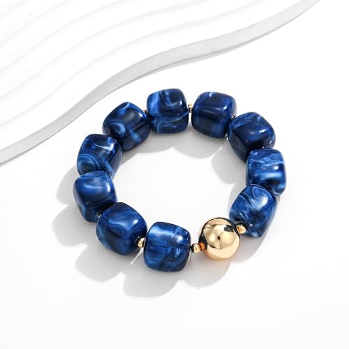 WOWORAMA Chunky Beaded Bracelets for Women Colorful Large Square Beads Bracelet Boho Acrylic Resin Stretch Bracelets Statement Chunky Bracelet Summer Jewelry - color: Square-Navy Blue