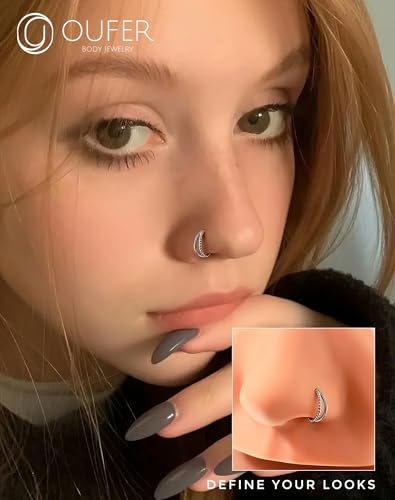 OUFER Nose Rings Silver, 20G Double Hoop 8MM Nose Rings, Seamless Stainless Steel Rook Daith Piercing Jewelry for Women & Men - style: Style9-Bead