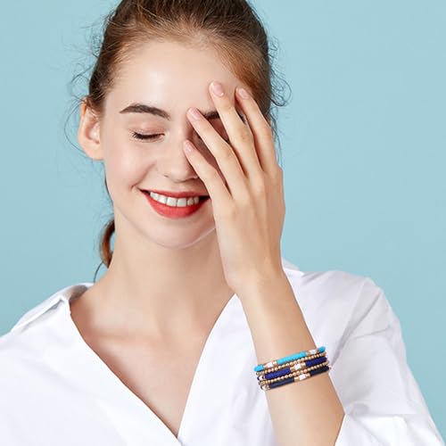 GOOJIDS Surfer Heishi Clay Bead Bracelets for Women Bohemian Stackable Gold Plated Beaded Stretch Bracelets Elastic Layering Friendship Bracelets Set Boho Jewelry - color: B-Blue Surfer Color & Gold Bead