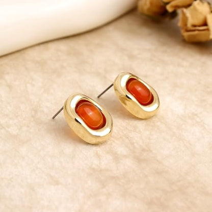 Jean Beau Chunky Gold Stone Stud Earrings for Women, Trendy Natural Gemstone Hypoallergenic Earing Valentine Jewelry Gift - color: Amber Orange