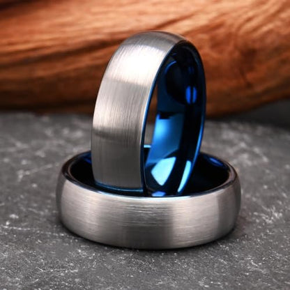 Tungsten Rings for Men Black Golden/Silver Blue Wedding Band | 7MM Mens and Women Engagement Wedding Rings Matte Brushed and High Polish Suitable for Couples' Anniversaries and Parties - color: 7mm silver and blue