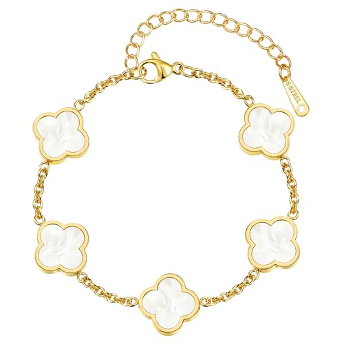 Four Leaf Clover Bracelet for Women 18K Gold Plated Stainless Steel 4 Leaf Link Chain Adjustable Bracelets Lucky Gift for Women/White/Black/Rich Red/Emerald Green/ Navy Blue/Pink Bracelets - color: White/Gold