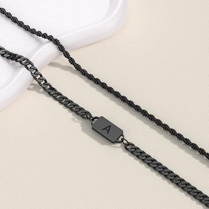 2PCS Initial Letter Stainless Steel Bracelet, A-Z Letter Pendant Silver Gold Black Cuban Rope Link Chain for Men Women Jewelry Set - color: Black