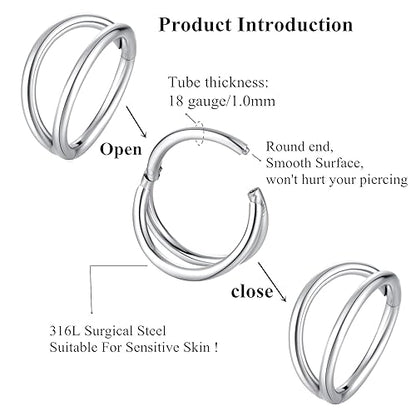 ORANGELOVE Double Hoop Nose Ring 18G 16G 316L Surgical Steel Cartilage Earring Septum Jewelry Seamless Hinged Clicker Segment Ring Conch Daith Tragus Helix Rook Piercing Earring Lip Ring - color: Silver, size: 1pc 18 Gauge 12mm