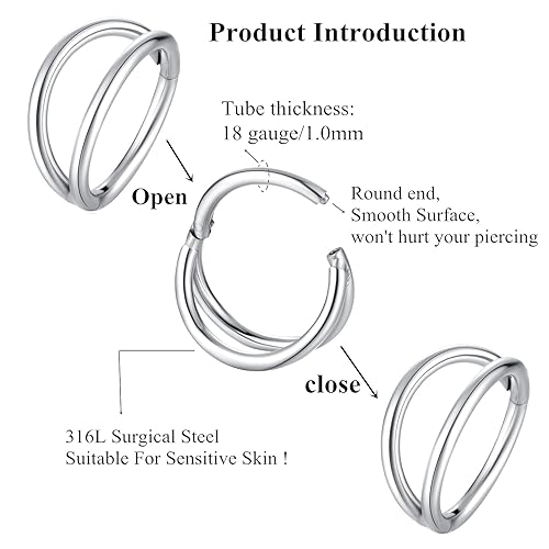 ORANGELOVE Double Hoop Nose Ring 18G 16G 316L Surgical Steel Cartilage Earring Septum Jewelry Seamless Hinged Clicker Segment Ring Conch Daith Tragus Helix Rook Piercing Earring Lip Ring - color: Silver, size: 1pc 18 Gauge 7mm