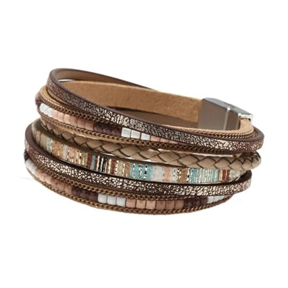 PU Leather Wrap Bracelet for Women Bohemian Handwoven Multi Layered Wristband Fashion Jewelry Accessory 7.68 Inch - color: Khaki