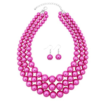 Simulated Pearl Necklace & Earring Set, Multi Strand - color: Hot Pink