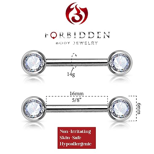 Forbidden Body Jewelry 14g Nipple Ring Barbells Set of 2, Pair of CZ 16mm (5/8 Inch) Barbells with 6mm Balls - color: Clear