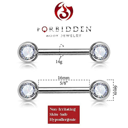 Forbidden Body Jewelry 14g Nipple Ring Barbells Set of 2, Pair of CZ 16mm (5/8 Inch) Barbells with 6mm Balls - color: Clear