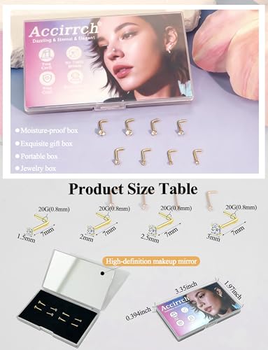 8Pcs Nose Rings Studs Set for Women Men: Hypoallergenic G23 Titanium/316L Surgical Stainless Steel Nose Studs, Nickel-free Lead-free L Shaped Corkscrew Nose Piercing Jewelry CZ 1.5mm 2mm 2.5mm 3mm - style: Titanium 8Pcs 20G L Shaped Gold