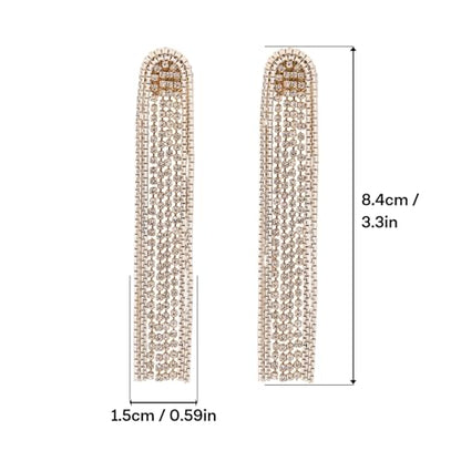 Fringe Dangling Tassel Earrings for Women, Handcrafted Chandelier Long Bohemian Beaded Cubic Zirconia Crystal Imitation Pearls Inlay Statement Boho Chain Hook Earrings for Wedding Party - color: Gold White Clear Crystal