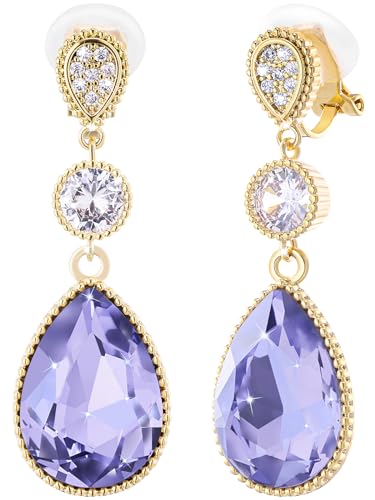 Clip On 18 * 13MM Big Crystal Dangle Non Pierced Earrings for Women 14K Gold Plated Jewelry - color: Jun-Lavender-14K Gold Plated