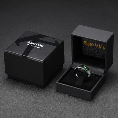 King Will Mens Wedding Band with Foils Inlay, Black/Silver/Gold Beveled Edge Glowstone Ring, 6mm/8mm Tungsten Carbide Rings Comfort Fit - color: Black&Green-8mm