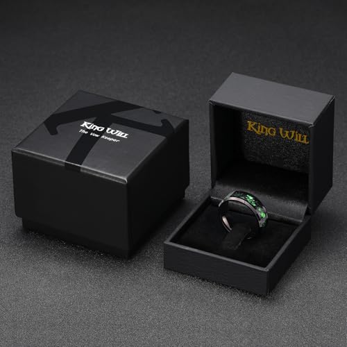 King Will Mens Wedding Band with Foils Inlay, Black/Silver/Gold | Black, 6mm/8mm, Beveled Edge, Comfort Fit, Glowstone Ring, Everyday Wear - color: Black&Green-8mm