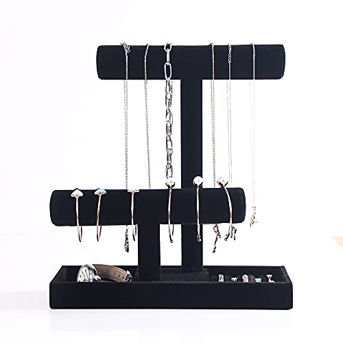 Coward 2 Tier Necklace Bracelet Holder Organizer With ring Tray, Multi-use Jewelry Display Stand For Necklace Bracelet Bangle Watch Scrunchie (Black/no Lid) - color: Black Velvet