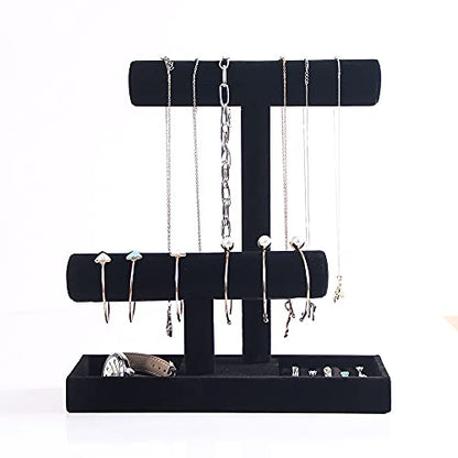 Coward 2 Tier Necklace Bracelet Holder Organizer With ring Tray, Multi-use Jewelry Display Stand For Necklace Bracelet Bangle Watch Scrunchie (Black/no Lid) - color: Black Velvet