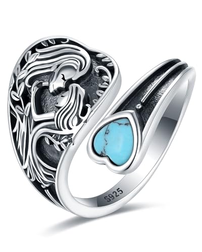 S925-Sterling-Silver Abalone Dragonfly-Turquoise Spoon Ring - Vintage Boho Sunflower Thumb Oxidized Wrap Rings Victorian Style Antique Floral Jewelry Gifts for Women - color: Mother's Tree of Life Ring