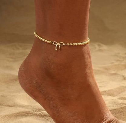 Gold Ankle Bracelets for women,14k Gold/Silver Plated Waterproof Layered lightweight Bow Beaded Twisted Chain Cross Butterfly Satellite Ankle Bracelets Set Gold Anklets for women Trendy Summer Beach Jewelry Gift for Women - style: anklets bow beaded-Gold