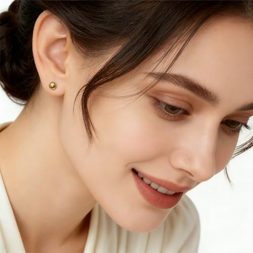 Gold & Brown Faux Pearl Stud Earrings, S925 Silver Posts Hypoallergenic for Women - color: Gold, size: 8mm