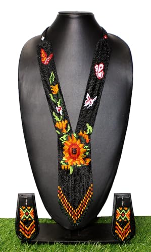 Long Beaded Necklace – Boho Native Handmade Seed Bead Tassel Necklace, Bohemian Large Statement Beaded Necklace for Women - color: Black