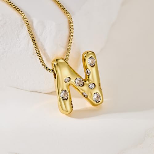 Cicy Bell Initial Necklace for Women 14k Gold Plated | Cubic Zirconia, Trendy, Personalized, Dainty Letter Pendant - color: N-Gold