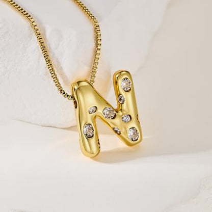 Cicy Bell Initial Necklace for Women 14k Gold Plated | Cubic Zirconia, Trendy, Personalized, Dainty Letter Pendant - color: N-Gold