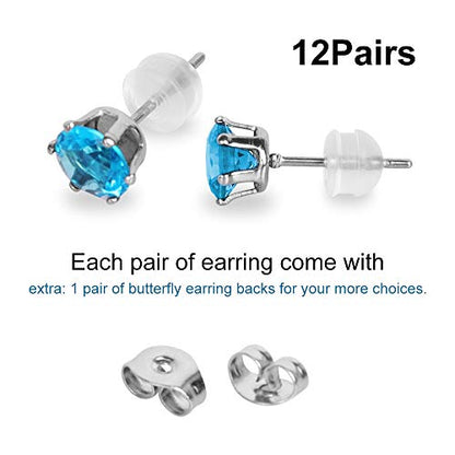 12 Pairs Stainless Steel CZ Stud Earrings for Women, Brilliant Cut Round Cubic Zirconia Stud Earrings, Birthstone Stud Earrings Set - size: 6MM