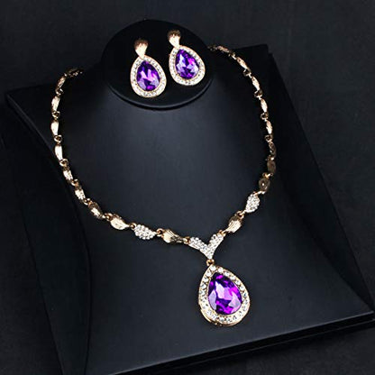 Womens Luxury Africa Dubai 18k Gold Plated Jewelry Sets Wedding Rhinestone Crystal Bib Statement Necklace Earrings Set for Brides Party Prom - color: Purple