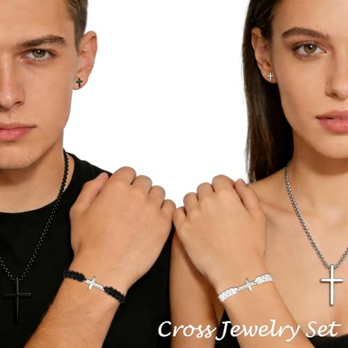 Cross Necklace Bracelet Earrings Friendship Matching Couple Cross Jewelry | Stainless Steel Christian Jesus Silver Black Cross Chain Bracelets Studs