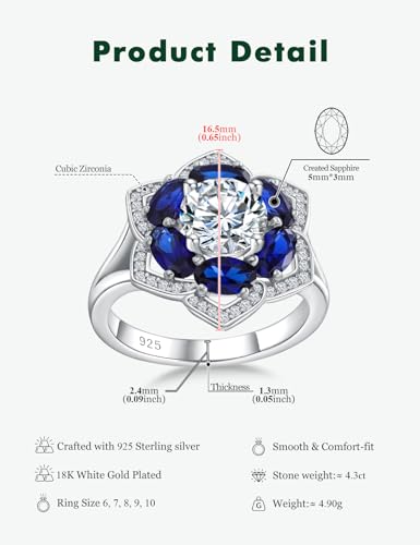 Flower Engagement Promise Ring Sterling Silver Birthstone Rings for Women Sapphire/Emerald/Ruby Gemstone Six Leaf Clover Statement Cocktail Ring Size 6 to 10 - style: 09. September-Created Sapphire