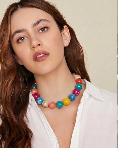 Chunky Beaded Choker Necklace for Women Boho Statement Necklace with Large Pearl Blue Brown Tone Resin Beads Summer Beach Jewelry Gifts - color: Tropical Turquoise Orange