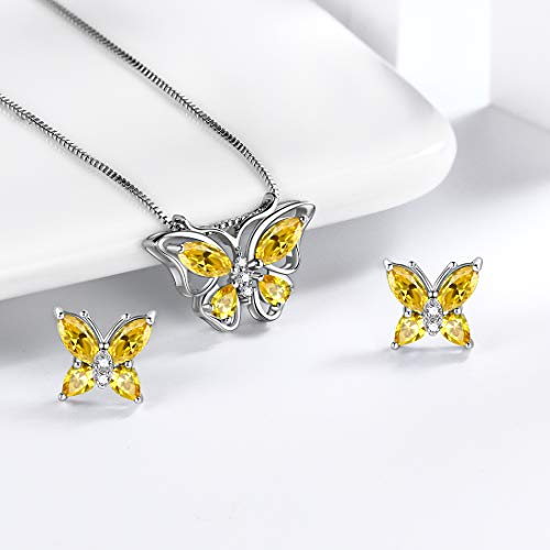 Aurora Tears Butterfly Jewelry,Women 925 Sterling Silver Butterflies Birthstone Pendant Necklace/Earrings/Rings Wedding Gift - color: K.November-set 2